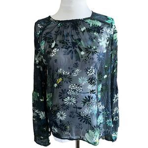 Ann Taylor Loft Shirt Womens XS Blue Sheer Floral Top Long Sleeve Nylon Blouse